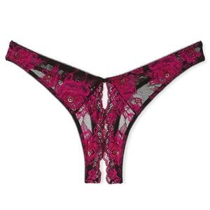 Victoria’s Secret Extra Small Black & Pink Rose Lace Crotchless Thong Panty